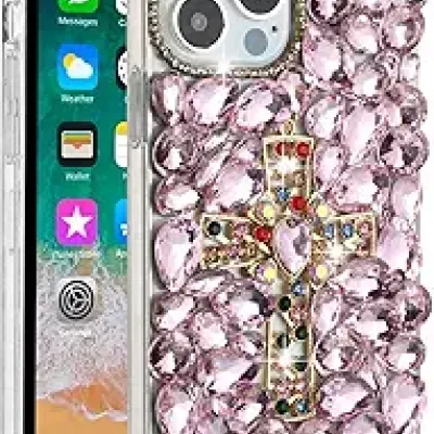 For Apple iPhone 14 PRO 6.1" Cross Full Diamond Bling Case Cover - Pink