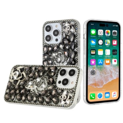 For iPhone 15 Floral Full Diamond Bling Case Cover - Smoke