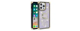 For iP15 Pro Max Square Passion Hearts Bling Glitter Floral Ring Stand Case Cover - Purple