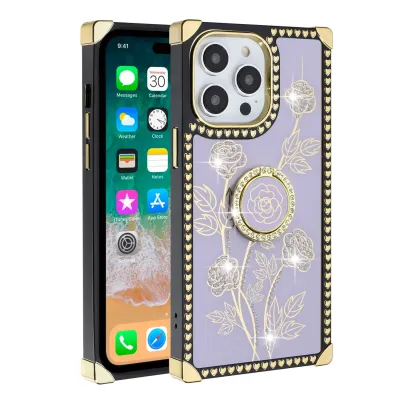 For iP15 Pro Max Square Passion Hearts Bling Glitter Floral Ring Stand Case Cover - Purple