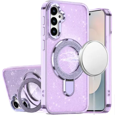 For Samsung s26 Ultra Transparent Glitter Rotaional Magnetic Ring Stand HQ Hybrid - Light Purple
