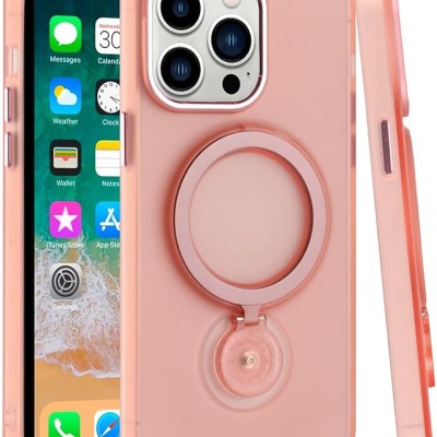 For iPhone 13 Pro Max Hoop Kickstand [Magnetic Circle] HD Transparent Chrome Hybrid - Pink