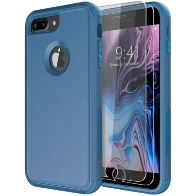 For Apple iPhone 8 Plus/7 Plus AQUA Strong Magnetic Ring Stand Hybrid Case Cover - Dark Blue