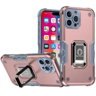 For iPhone 16 Pro 6.3 inch OPTIMUM Magnetic Ring Stand Hybrid Case Cover - Rose Gold