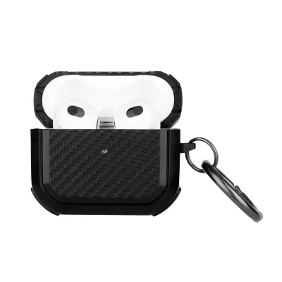 For AirPods Pro 3 2025 (3rd Version) Carbon Fiber Design Hybrid With Metal Hook Case Cover - Black
