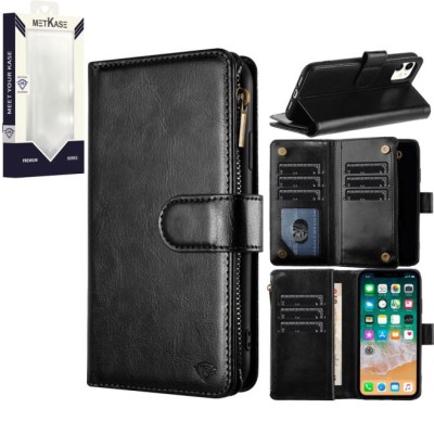 For MOTO G PLAY (2023) METKASE Luxury Wallet Card ID Zipper Money Holder in Slide-Out Package - Black