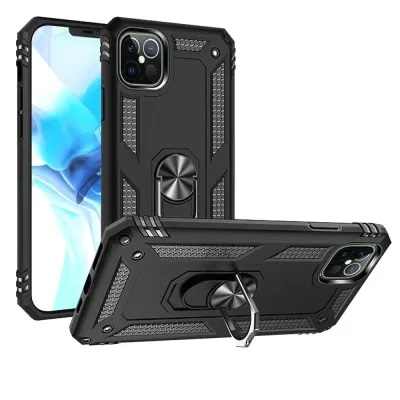 For iPhone 13/14 Ring Magnetic Kickstand Hybrid Case Cover - Black
