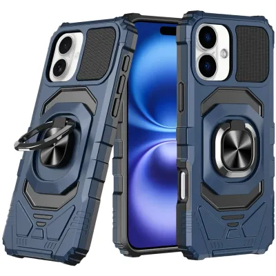 For iPhone 17 Robotic Hybrid with Magnetic Ring Stand Case Cover- Dark Blue