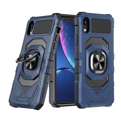 For Apple iPhone XR Robotic Hybrid with Magnetic Ring Stand Case Cover - Dark Blue