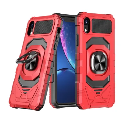 For Apple iPhone XR Robotic Hybrid with Magnetic Ring Stand Case Cover - Red