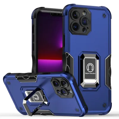 For iPhone 13 Pro Max OPTIMUM Magnetic Ring Stand Hybrid Case Cover - Blue