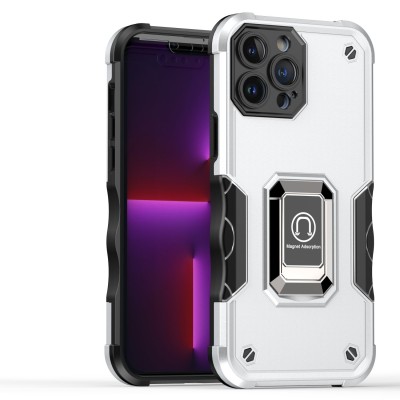 For iPhone 13 Pro Max OPTIMUM Magnetic Ring Stand Hybrid Case Cover - Silver