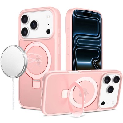 For iPhone 17 Pro Max Magnetic Matching Ring Stand Full Rotation Matte Hybrid - Light Pink