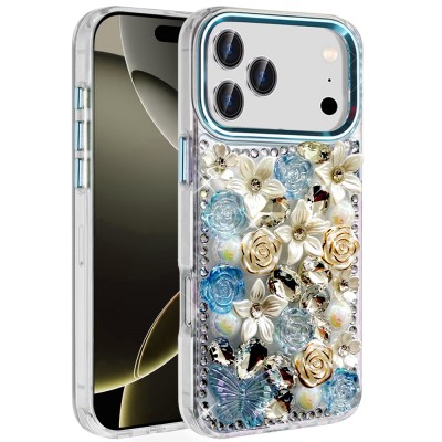 For iPhone 17 Pro Max Muti-Color Rose Bling Stones Ornaments  Case - Blue