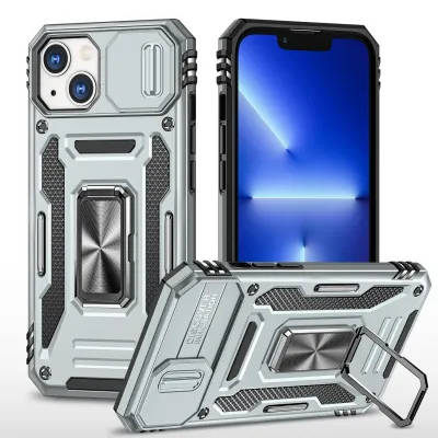 For Apple iPhone XR Utter Tough Metal Ring Movable Camera Window Hybrid Case Cover - Gray