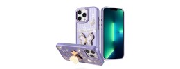 For iPhone 13 Pro Max Splendid Glitter Butterfly Design Stand with Metallic Edges Hybrid Case - Dark Purple