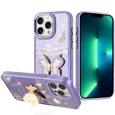 For iPhone 13 Pro Max Splendid Glitter Butterfly Design Stand with Metallic Edges Hybrid Case - Dark Purple