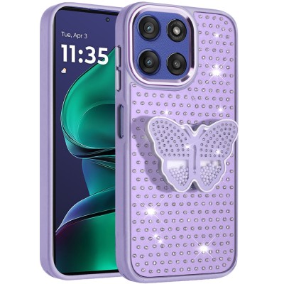 For Moto G Stylus 5G 2025 Butterfly Moveable Grip Stand With  Small Diamonds Meta Buttons HQ Hybrid - Purple