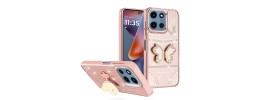 For Moto G 5G 2025/2026 - G Play 2026 - Crystal Glass Diamond with Metallic Buttons and Edges Hybrid Case - Rose Gold