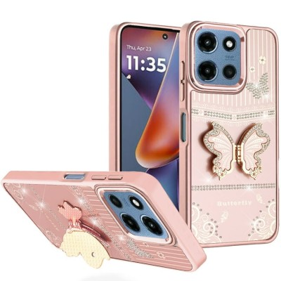 For Moto G 5G 2025/2026 - G Play 2026 - Crystal Glass Diamond with Metallic Buttons and Edges Hybrid Case - Rose Gold