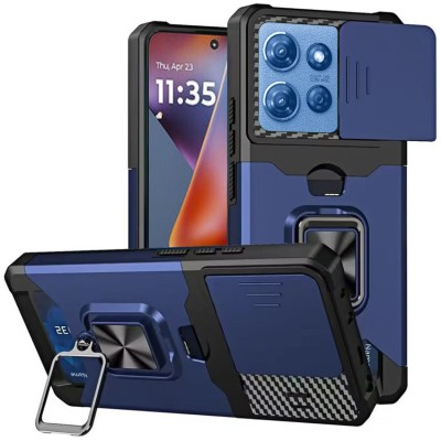 For Moto G 5G 2025/2026 / G PLAY 2026 Multi-Functional 2X Card Slot Shockproof Metal Ring Hybrid Case - Blue