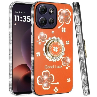 For Moto G 5G 2025/2026 / G PLAY 2026 SPLENDID Diamond Glitter Ornaments Engraving Case Cover - Good Luck Floral Cosmic Orange