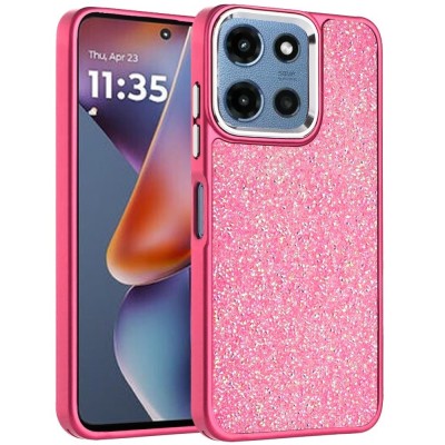 For Moto G 5G 2025/2026 - G Play 2026 - Crystal Glass Diamond with Metallic Buttons and Edges Hybrid Case - Hot Pink