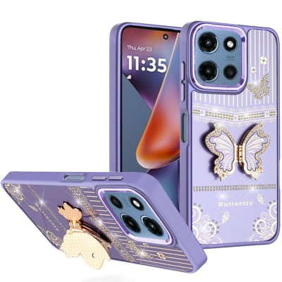 For Moto G 5G 2025/2026 - G Play 2026 - Cute Butterfly Ornaments Diamonds Shimmer Matching Metallic HQ Hybrid - Dark Purple