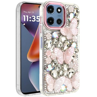 For Moto G 5G 2025/2026 - G Play 2026 - Muti-Color Floral Bling Stones Ornaments Case - Pink