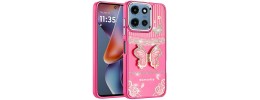 For Moto G Power 5G 2026/2025 Splendid Glitter Butterfly Design Stand with Metallic Edges Hybrid Case - Hot Pink