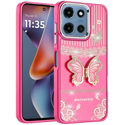 For Moto G Power 5G 2026/2025 Splendid Glitter Butterfly Design Stand with Metallic Edges Hybrid Case - Hot Pink