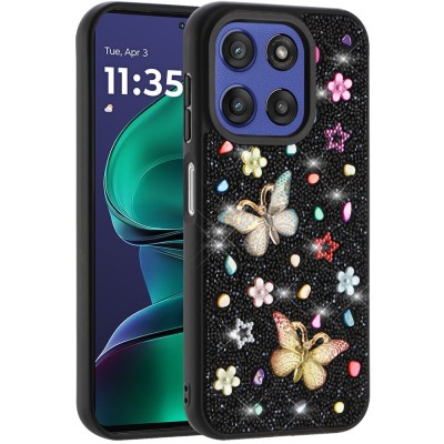 For Moto G Stylus 5G 2026/2025 Butterfly Ornaments Diamond Bling Glitter Hybrid Case - Black