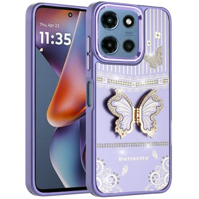 For Moto G Stylus 5G 2026/2025 Splendid Glitter Butterfly Design Stand with Metallic Edges Hybrid Case - Gold