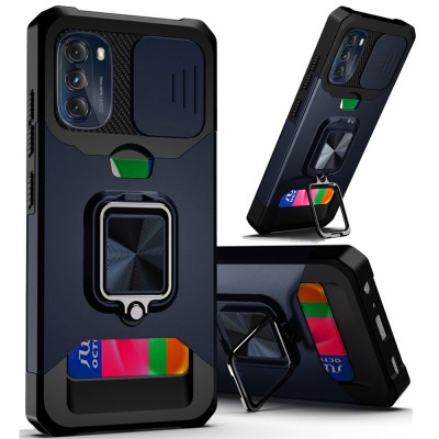 For Moto G 5G 2022 Multi-Functional Card Magnetic Ring Stand Hybrid Camera Case Cover - Black