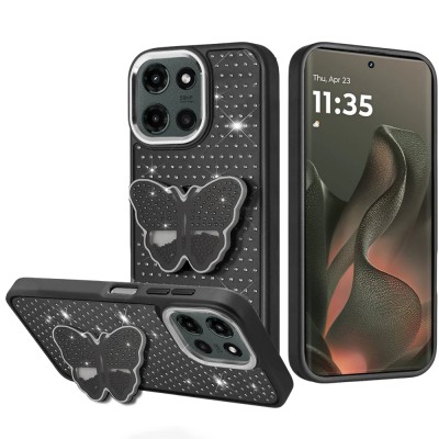 For Motorola Edge 2025 Butterfly Moveable Grip Stand With Small  Diamonds Meta Buttons HQ Hybrid - Black