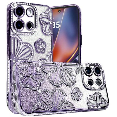 For Motorola Edge 2025 Shimmer Glitter Floral Design Thick TPU Case Cover - Purple