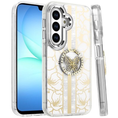 For Motorola Edge 2025 Splendid Floral Designs with Metal Camera and Buttons with Butterfly Ring Stand Hybrid Case - White