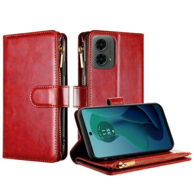 For Motorola Moto G 5G (2024) Luxury Wallet Card ID Zipper Money Holder - Red