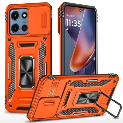 For Motorola Moto G 5G 2025 Utter Tough Metal Ring Movable Camera Window Hybrid Case Cover - Cosmic Orange