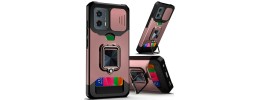 For Motorola Moto G Play 2024 Multi-Functional Card Magnetic Ring Stand Hybrid Camera Case Cover - Rose Gold