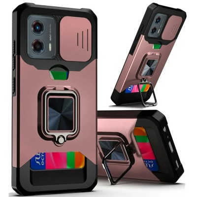 For Motorola Moto G Play 2024 Multi-Functional Card Magnetic Ring Stand Hybrid Camera Case Cover - Rose Gold