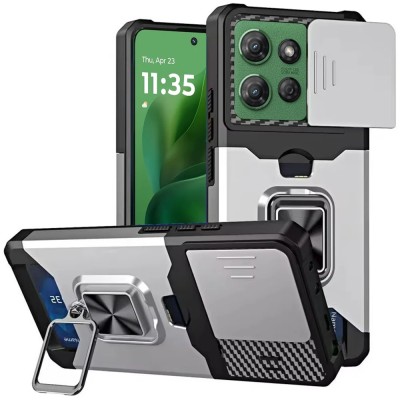 For Motorola Moto G Play 2024 Multi-Functional Card Magnetic Ring Stand Hybrid Camera Case Cover - Silver