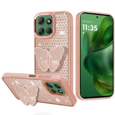 For Motorola Moto G Power 5G 2025 Butterfly Moveable Grip Stand  With Small Diamonds Meta Buttons HQ Hybrid - Pink