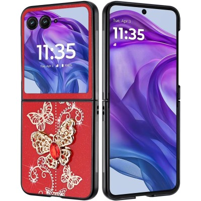 For Motorola Razr 2024 SPLENDID Diamond Glitter Ornaments Engraving Case Cover - Garden Butterflies Red