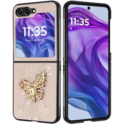 For Motorola Razr 2024 SPLENDID Diamond Glitter Ornaments Engraving Case Cover - Good Luck Floral Gold