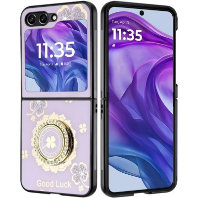 For Motorola Razr 2024 SPLENDID Diamond Glitter Ornaments Engraving Case Cover - Good Luck Floral Purple