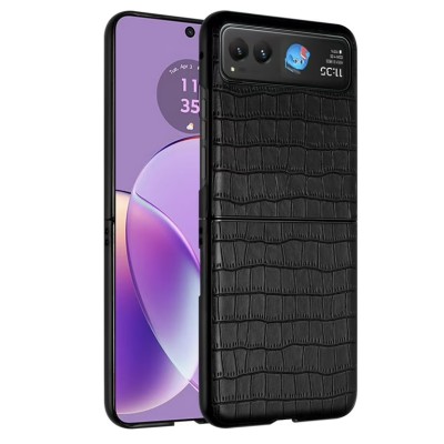 For Motorola Razr 2024 PU Vegan Leather Premium Hard Snap On Case Cover - Black