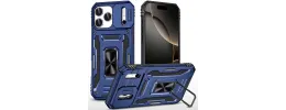 For iPhone 17 Pro Max Utter Tough Metal Ring Movable Camera  Window Hybrid Case Cover - Navy blue