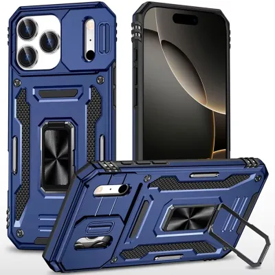 For iPhone 17 Pro Max Utter Tough Metal Ring Movable Camera  Window Hybrid Case Cover - Navy blue
