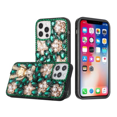 For iPhone 12 Pro Max 6.7 Full Diamond with Ornaments Case Cover - Green Panda Floral